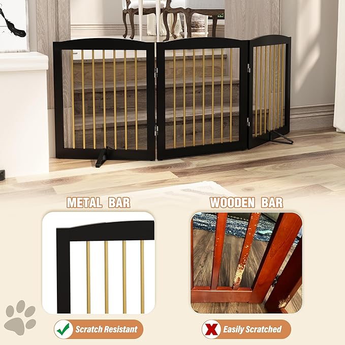 Freestanding Pet Gate for Dogs, Foldable Wooden Dog Gate for House, Indoor Dog Gate for Doorways, Stairs, Step Over Pet Puppy Safety Fence, Support Feet Included,24" Height 3 Panels,Black&Gold-PurrikoPets