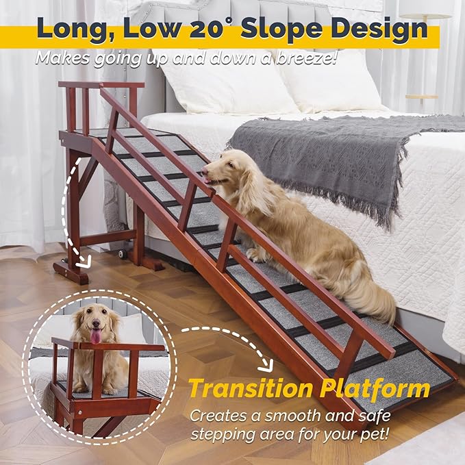 Dog Ramp for Bed or Couch, Wooden Pet Ramp with 20° Gentle Slope, Removable Side Rails, Non-Slip Surface, Top Platform & Wheels, Safe Bed Ramp for Small, Medium & Senior Dogs, 74" Long, Mahogany-PurrikoPets