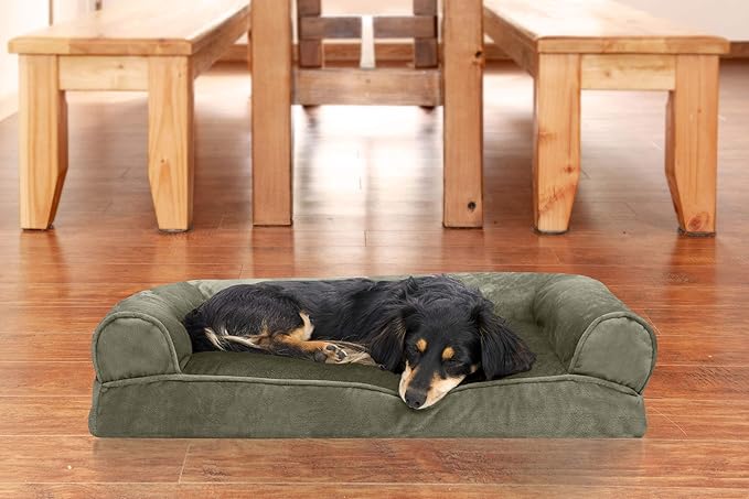 Furhaven Pillow Dog Bed for Medium/Small Dogs w/ Removable Bolsters & Washable Cover - Faux Fur & Velvet Sofa - Dark Sage, Medium-PurrikoPets