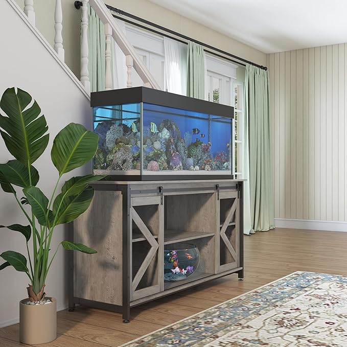 55-75 Gallon Aquarium Stand Heavy Duty Steel Frame, Fish Tank Cabinet with Accessories Storage for Reptile Terrarium & Turtle Tank - 1000lbs Capacity (Grey)-PurrikoPets