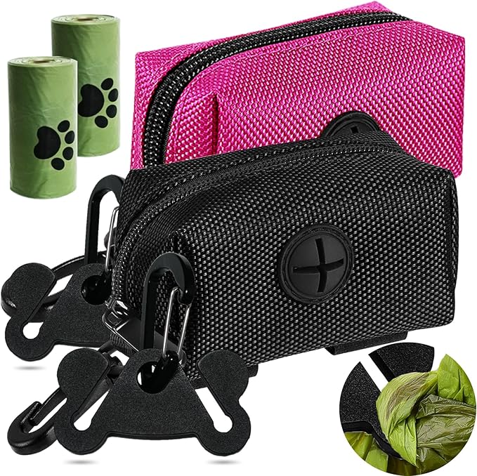 2Packs Dog Poop Bag Holder for Leash Attachment Dog Poop Bag Dispenser Dog Waste Bag Dispensers Dog Poop Bag Holders Fit Dog Leash Accessory With Hand Free Holder Carriers, Pink & Black-PurrikoPets