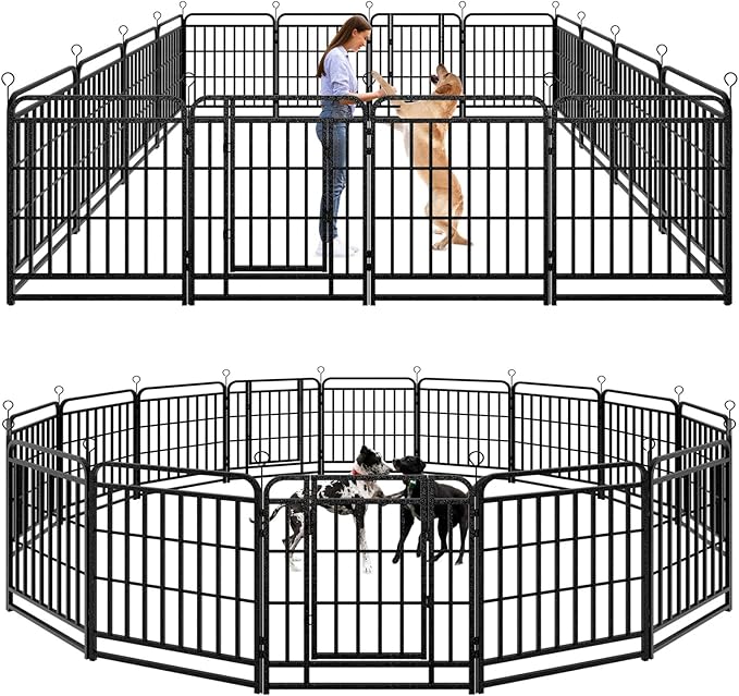 Dog Playpen Outdoor 16 Panels Heavy Duty Dog Fence 32" Height with Thick Pipe Anti-Rust with Doors Portable for RV Camping Yard, Total 36FT, 103 Sq.ft, Snowy Black-PurrikoPets