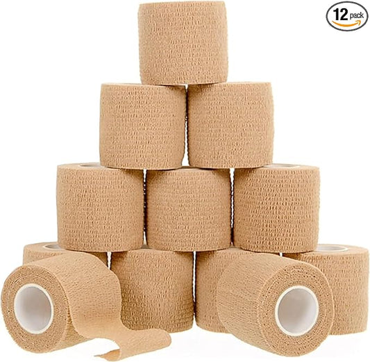 12 Pack Self-Adhesive Bandage Wrap - 2 Inches x 5 Yards - Elastic Self Adherent Cohesive Wrap Bandage - Breathable Athletic Tape for Wrists, Knee, and Ankle - First Aid Sports Wrap - Brown-PurrikoPets