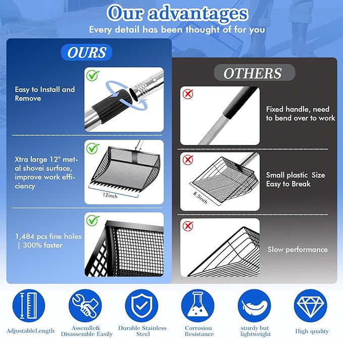 12 Inch Chicken Poop Scooper & Rake 2-in-1, Large Metal Shovel Head, Rubber Handle Stainless Steel Chicken Litter Scoop for Chicken Coops, Litter Screening Scoop (35 to 65in) US Patent Pending (Black)-PurrikoPets