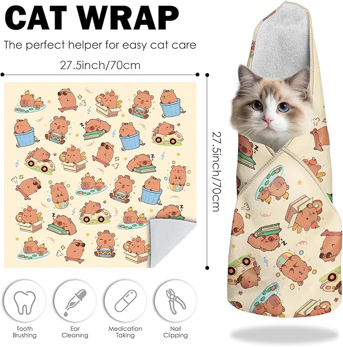 27.6"Cat Grooming Wrap, Self Adhesive Cat Wrap for Cutting Nails, Anti-Escape Calming Cat Swaddle Wrap for Medicine Ear Cleaning, Anti-Scratch Cats Burrito Restraint Blanket, Multifunctional Pet Tool-PurrikoPets