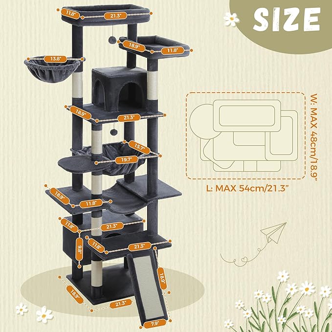 81 Inch Tall Cat Tree for Big Cats & Multi-Cat Homes, Large Heavy Duty Cat Tower with Metal Frame Hammock, 6 Scratching Posts, 2 Condos, 2 Perches, Scratching Pad - Dark Grey-PurrikoPets