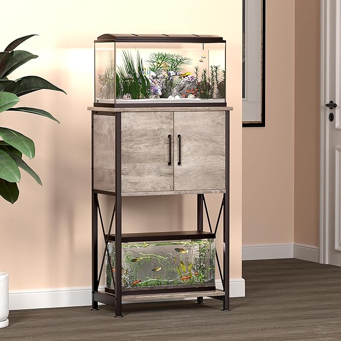 5-10 Gallon Fish Tank Stand, Metal Double Aquarium Stand with Cabinet for Fish Tank Accessories Storage, Heavy Duty 20.5" L* 11.02" W Tabletop, 500LBS Capacity Grey PG06YGZ-PurrikoPets