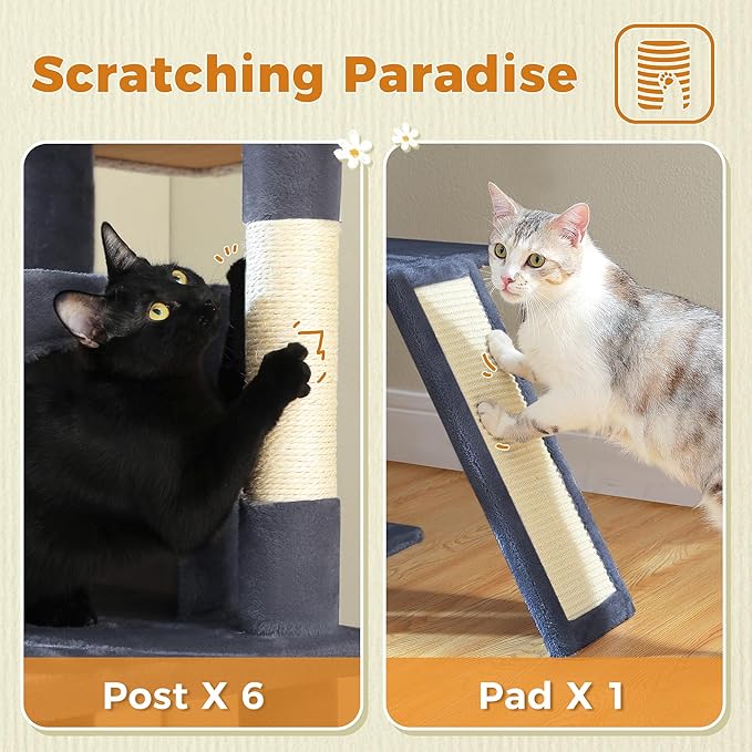 81 Inch Tall Cat Tree for Big Cats & Multi-Cat Homes, Large Heavy Duty Cat Tower with Metal Frame Hammock, 6 Scratching Posts, 2 Condos, 2 Perches, Scratching Pad - Dark Grey-PurrikoPets