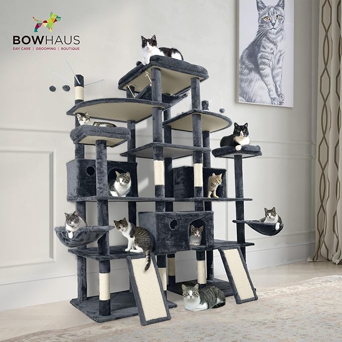 Extra Large 80-Inch Tall Cat Tree w/Widened Perch for Large Cats, Big Cat Tower Indoor, Modern Multi-Level Activity Tower with Scratching Posts, Condos, Baskets, Hammock, Scratching Ramps-PurrikoPets