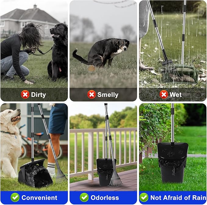 Dog Pooper Scooper with 20 Bag Attachment Long Handle Swivel Bin, Rake Heavy Duty Pooper Scooper for Large Medium Dogs Easy to Clean Poop Scooper for Yard, Grass, Gravel-PurrikoPets