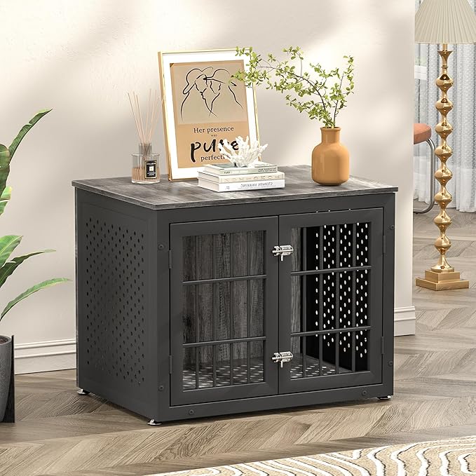 32" Heavy Duty Dog Crate Furniture for Small and Medium Dogs, Metal Kennel for High Anxiety Dogs, Chew Proof Pet Cage Indoor, Decorative Dog Kennel End Table-PurrikoPets