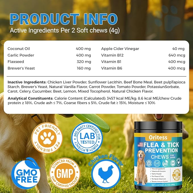 Flea and Tick Prevention for Dogs, 180 Soft Chews Natural Dog Flea and Tick Chewables Oral Flea Supplement for Dogs, Puppy Flea Support - All Breeds & Ages - Chicken Flavor-PurrikoPets