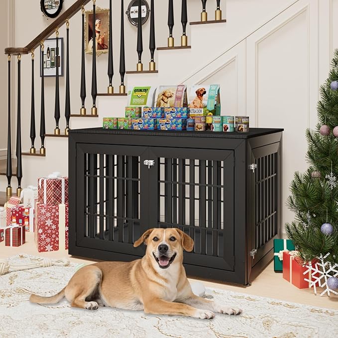 48" Heavy Duty Dog Crate Furniture for Small,Medium and Large Dogs,Rustic Wooden Dog Cage Kennel Indoor Furniture with Waterproof Top,Decorative Pet House Side End Table (Black)-PurrikoPets