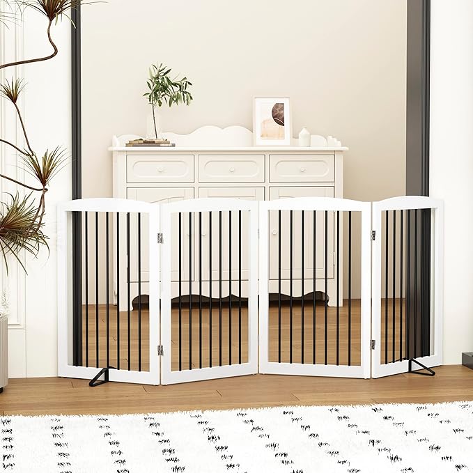 Freestanding Pet Gate - Foldable Wooden Dog Gate, 80 Inch Wide, 4 Panels, White-PurrikoPets