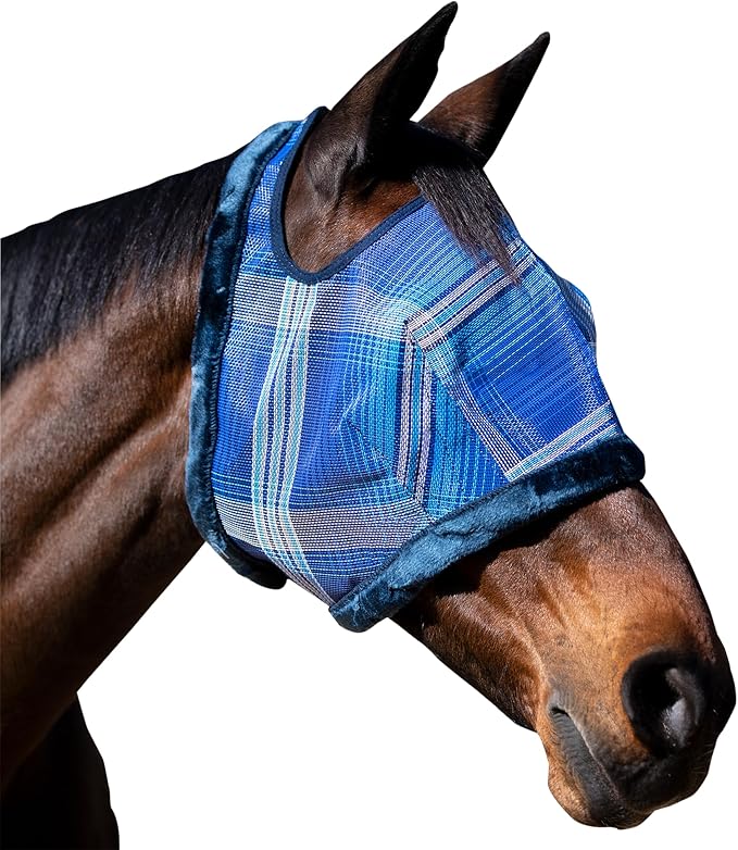 Kensington Fly Mask with Fleece Trim for Horses — Protects Face and Eyes from Flies and Sun Rays While Allowing Full Visibility — Breathable and Non Heat Transferring, Medium, Kentucky Blue-PurrikoPets