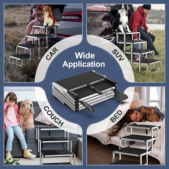 Extra Wide Dog Stairs for Large Dogs, Foldable Dog Ramp for Car with Non-Slip Surface, Dogs Stairs for Cars, High Beds, Truck, Supports up to 250 lbs, 4 Steps-PurrikoPets