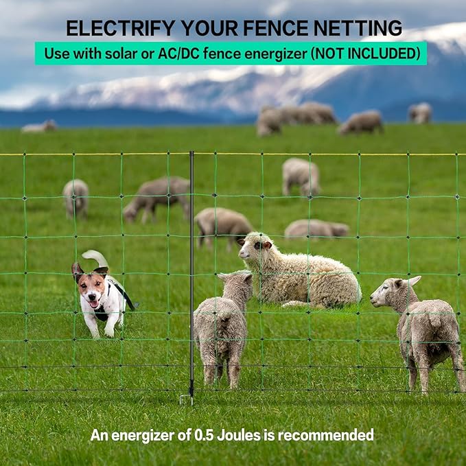 Electric Fence Netting, 49.6" H x 164' L, PE Net Fencing Kit with 14 Posts Double Spiked, Utility Portable Mesh for Sheep Hogs Goats Deer Dogs Lambs Used in Backyards Farms Ranches Patio, Green-PurrikoPets