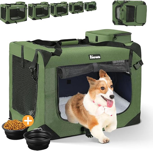 Extra Large Dog Crate with 2 Foldable Bowl, 36 Inch Collapsible Travel Dog Crate Kennel with Soft Blanket for Medium Dogs,Indoor & Outdoor (36" L x 25" W x 25" H, Green)-PurrikoPets