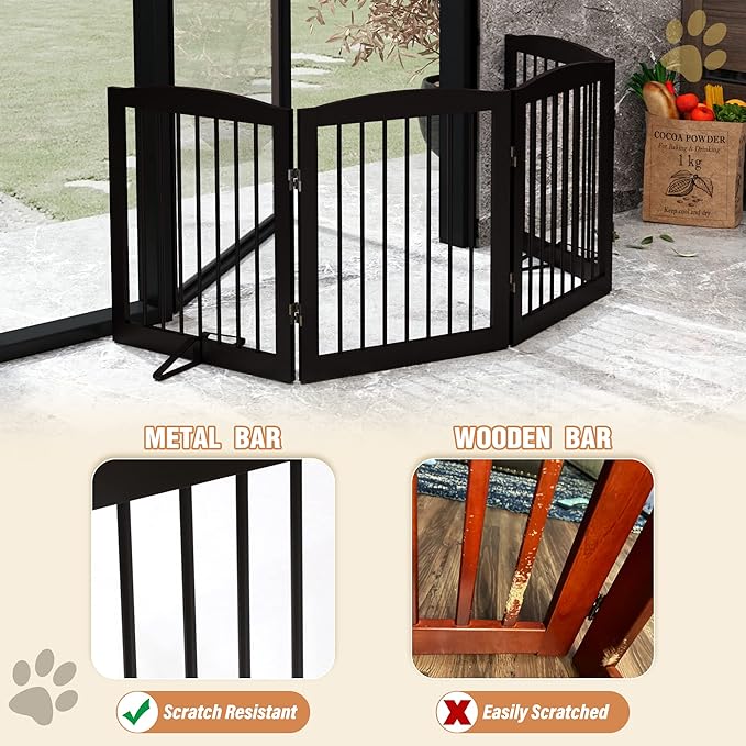Freestanding Pet Gate for Dogs, Foldable Wooden Dog Gate for House, Indoor Dog Gate for Stair, Doorway, Gates for Dogs Indoor, 80 Inch Wide, 4 Panels 24",Brown-PurrikoPets