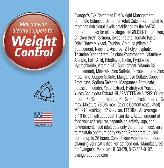 Evanger’s EVX Restricted Diet Weight Management Canned Cat Food – 24 Count, 5.5 oz Cans Each – Chicken, Salmon & Sweet Potato Recipe – Grain Free, Limited Ingredients, Pâté Style-PurrikoPets