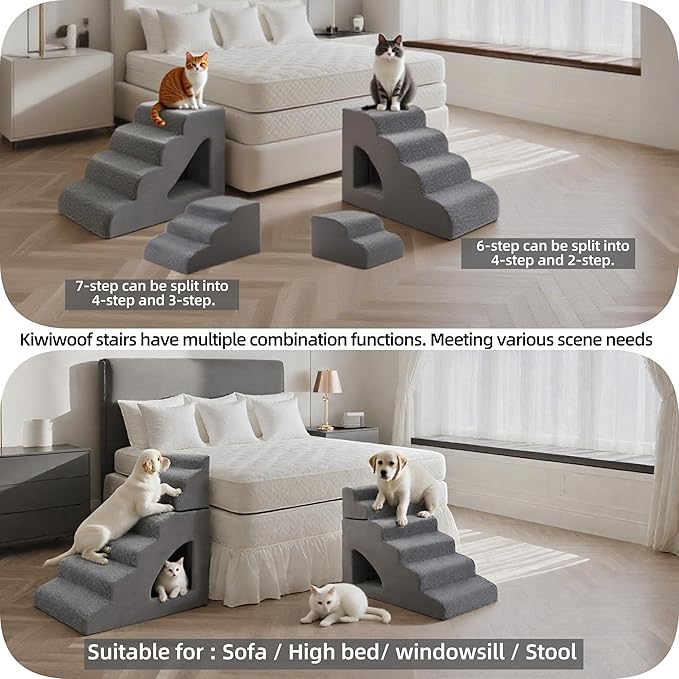 7 Step Pet Stairs Ramp for High Beds Sofas 22-42 Inch, Non-Slip Dog Stairs for Small Old Medium Large XL Dogs Cats, Sturdy 75 Pounds 33D Foam Balanced 6-Tier Ladder with Machine Washable Cover-PurrikoPets