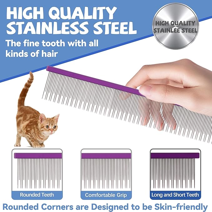 8.5 Inch Dual Tooth Pet Comb for Mats and Tangles,Poratable Grooming Dematting Comb for Indoor Long-haired Cats and Dogs,Pet Family Supplies,Removing Tangles,Knots,Undercoat and Excess Hair-PurrikoPets