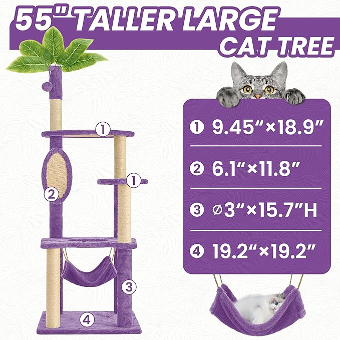 55 Inch Large Cat Tree Tower for Indoor Cats with Hammock Green Leaves Sisal Scratching Post, Plush Hang Ball Play Furniture for Kittens & Adult Cats, New Purple-PurrikoPets