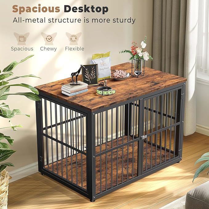 43'' Dog Crate Furniture with 3 Doors, XL Wooden Crate End Table Heavy Duty Indoor Puppy Cage for Medium to Large Dogs, Multiple Units Can be Combined-PurrikoPets
