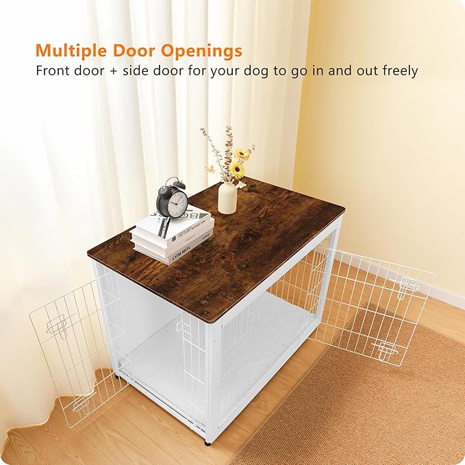 DWANTON Dog Crate Furniture with Cushion, Wooden Kennel Table with Double Doors, Indoor Dog House, Large Size, 38.5" L, White+Rustic Brown-PurrikoPets