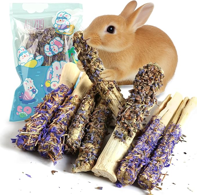 Abizoo Sweet Bamboo Rabbit Chew Sticks Treats and Toys 8Pcs Natural Hay with Forget-Me-Not Lavender for Bunny Guinea Pig Chinchilla Dental Care-PurrikoPets
