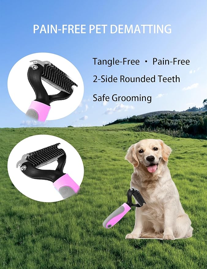 6ps Dog Cat Brush Grooming Kitf, Dog Cat Brushes, Bath Brush, Dematting Rake and Comb, Nail Clipper, Nail File, Flea Comb (Pink 6 Kits)-PurrikoPets