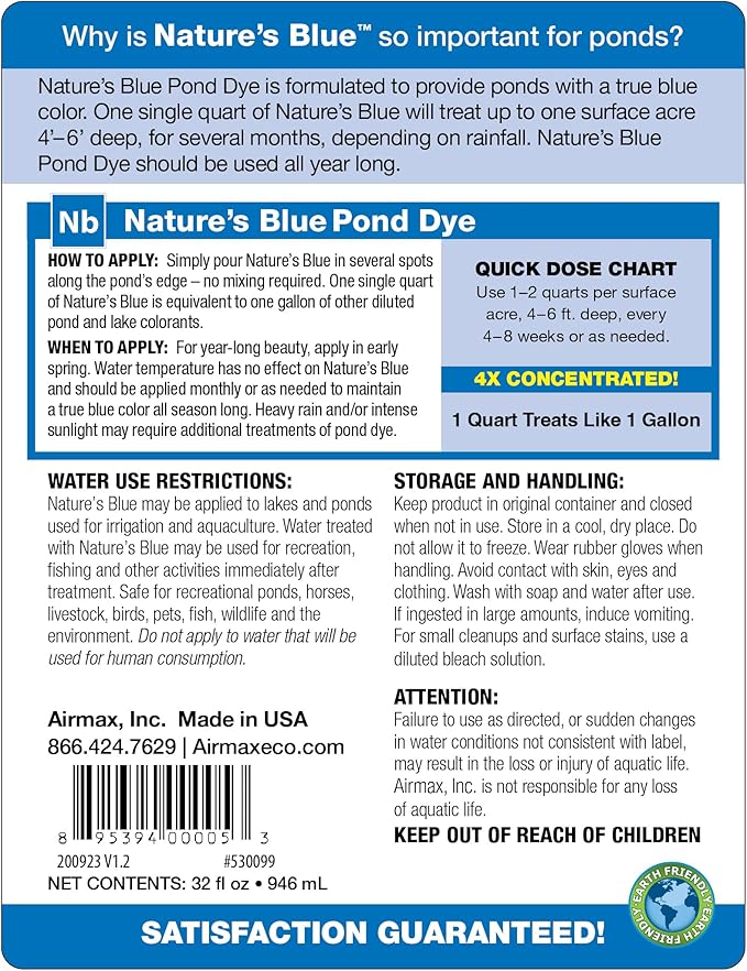 Airmax Nature's Blue Pond Dye 4X Concentrate for Outdoor Ponds & Lakes, Natural Pond Colorant & Beauty Enhancer, Block Ultraviolet Rays, Fish, Bird & Livestock Safe, Easy Liquid Application, 1 Quart-PurrikoPets