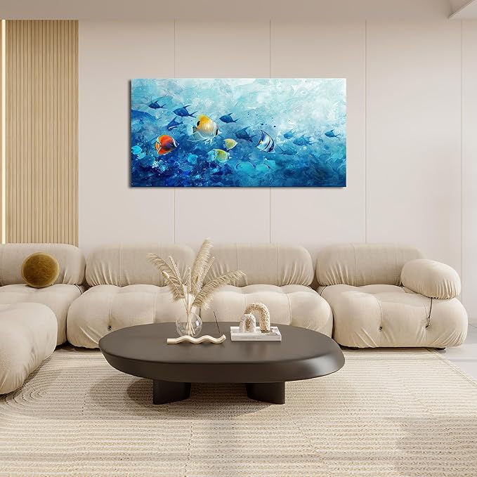 Extra Large Wall Art Tropical Fish Canvas Living Room Pictures Framed Prints Ocean Blue Oversize Wall Decor Animal Painting Artwork for Bedroom Dining Office Home 60"x30"-PurrikoPets