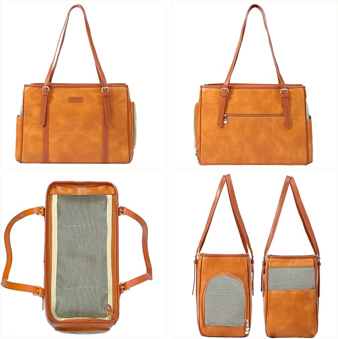 Fashion Dog Purse Pet Carrier Leather Bag for Small Dogs Cats Puppy, Portable Tote Bag Airline Approved Soft-Sided Carriers (Brown)-PurrikoPets