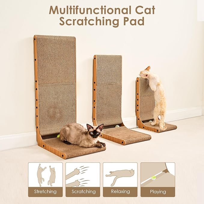 EHEYCIGA Cardboard Cat Scratcher for Indoor Cats, 32 Inch L Shaped Vertical Cat Scratching Board with Ball Cat Toy, Extra Large Cat Scratcher Pad, Brown-PurrikoPets
