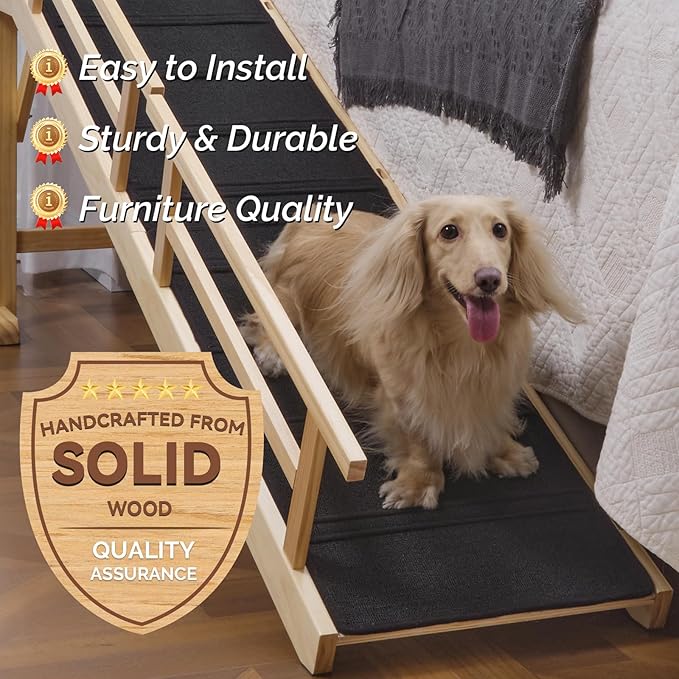 Dog Ramp for Bed or Couch, Wooden Pet Ramp with 20° Gentle Slope, Removable Side Rails, Non-Slip Surface, Top Platform & Wheels, Safe Bed Ramp for Small, Medium & Senior Dogs, 74" Long, Natural-PurrikoPets