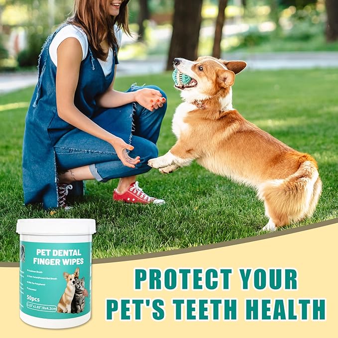 Dog Teeth Dental Finger Wipes for Dogs & Cats No-Rinse Dog Finger Toothbrush Dog Plaque & Tartar Prevention with Brushing Beads Dog Breath Freshene 50pcs-PurrikoPets