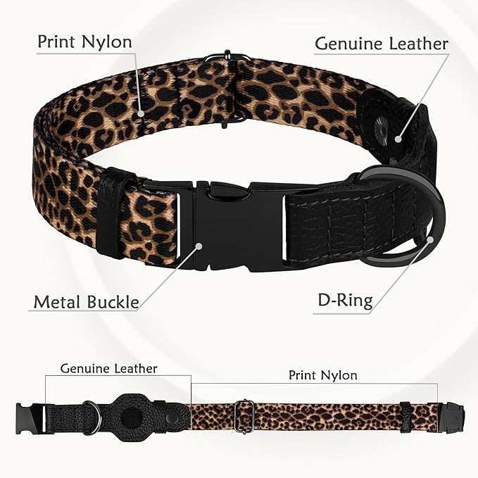 AirTag Dog Collar for Small Medium Large Breed - Adjustable Cute Pattern Dog Collar with Airtag Holder - Soft Leather Tracker GPS Apple Air Tag Pet Collars (Large, 17"-21" Neck Fit, Leopard)-PurrikoPets