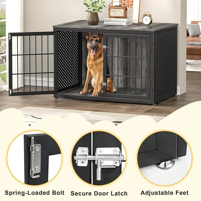 48" Heavy Duty Dog Crate Furniture for Extra Large Dogs, Metal Cage for High Anxiety Dogs, Wooden Kennel Furniture Indoor, Decorative Dog Kennel End Table, XL-PurrikoPets