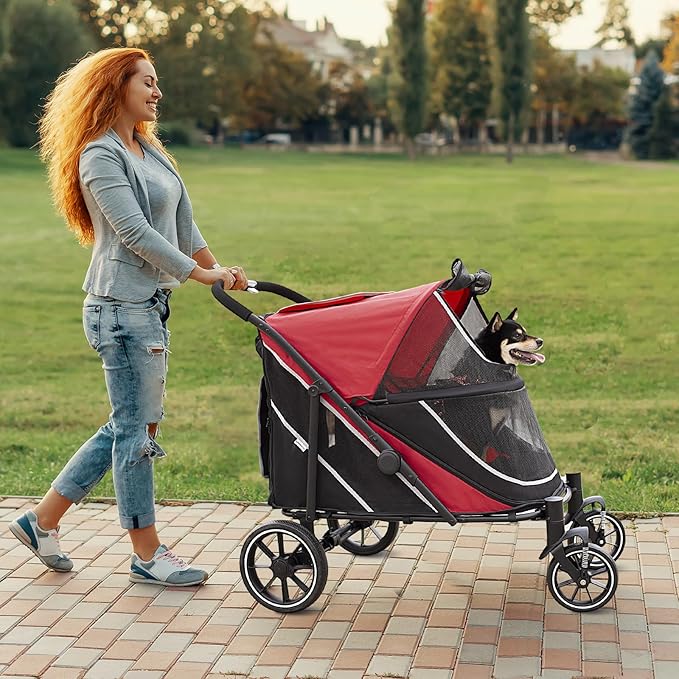 Dog Stroller for Medium/Large Dogs One-Click Folding, Extra Large Pet Stroller for 2 Dogs with Storage Pocket & Shock Absorption, Up to 130 lbs, Red-PurrikoPets