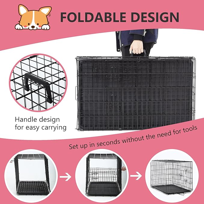 FDW Extra Large Dog Crate Dog Kennel Cage with Double Door,48 inch Folding Metal Wire Dog Cage with Removable Tray&Divider Panel,Pet Crate for Large Dogs,Black-PurrikoPets