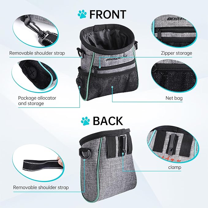Dog Treat Pouches Training Walking Bag with Shoulder Strap, Large Space for Pets Food, Polyester Fabric, 3-Way Wearing Design, Portable Pet Bagand Easy to Clean, Black with Grey-PurrikoPets