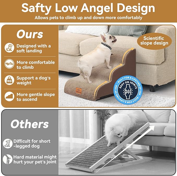 Dog Ramp and Stair for Bed 16" H-20 H,3-Step Cat Stair for Sofa and Chair,4-Step Dog Ramp for High Bed and Window,Durable Nonslip Fabric Cover for Indoor (Coffee-16 H, Pet Friendly, 3)-PurrikoPets