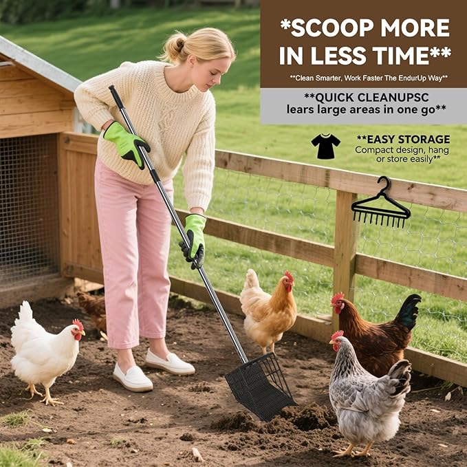2 in 1 Chicken Poop Scooper Rake , 2 Rakes and 4 Sections Adjustable Stainless Steel Handle 37.4 - 68.9 Inch, Litter Scoop Chicken Coop Scoop for Animal Farm and Poultry Habitats with Gloves-PurrikoPets