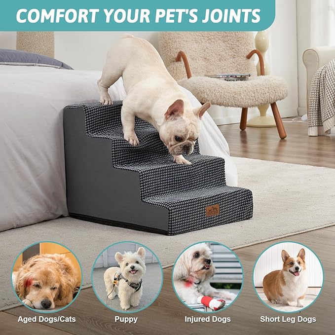 Dog Stairs for Small Dogs, 4 Tier Wider Pet Stairs for Couch and Beds, 17.7" H Non-Slip Dog Steps for Old Cats, Puppy, Small Medium Dogs, 17.7x23.6x17.7 inch, Dark Grey-PurrikoPets