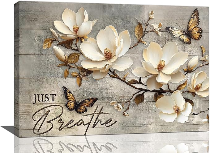 Floral Magnolia Bathroom Pictures Wall Art, Just Breathe Bathroom Wall Decor, Flower Butterfly Framed Painting Canvas Artwork for Bedroom Living Room Decorations 24"L x 16"W-PurrikoPets