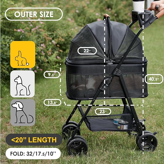3 in 1 Pet Stroller with Removable Carrier, Folding Stroller for Small/Medium Dogs and Cats, Waterproof, All-Terrain, with Sun Shades, Car Seat-PurrikoPets