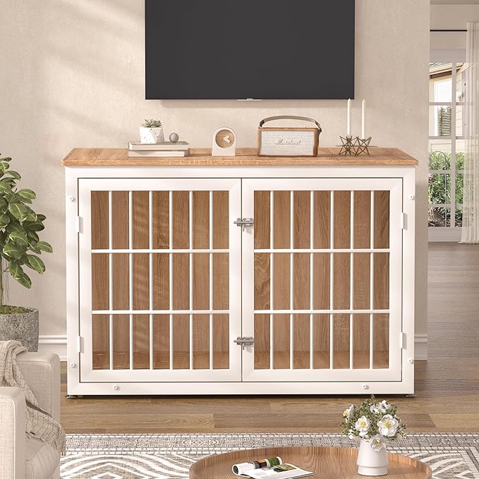 48" Heavy Duty Dog Crate Furniture for Large Dogs, Metal Kennel for High Anxiety Dogs, White Wooden Cage Furniture Indoor, Decorative Dog Kennel End Table, XL-PurrikoPets