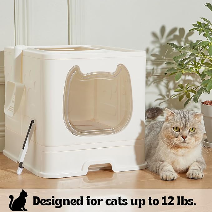 Gefryco Foldable Cat Litter Box with Lid,Covered Litter Box for Small and Medium Cats, Enclosed Cat Potty with Scoop and Brush, Top Entry Cute Kitten Litter Tray with Drawer and Top Cover(White)-PurrikoPets