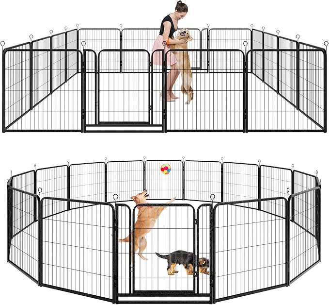 Dog Playpen Outdoor Extra Wide 16 Panels Heavy Duty Dog Fence 32" Height Anti-Rust with Doors Portable for RV Camping Yard, Total 42FT, 140 Sq.ft, Snowy Black-PurrikoPets
